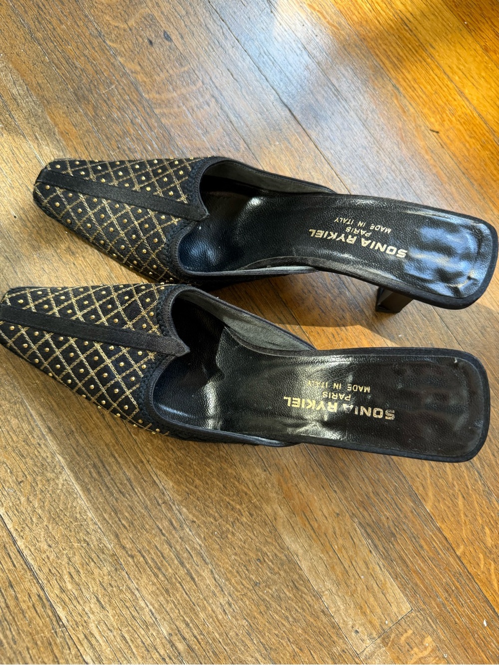 Sonia Rykiel Black Mules with Gold Stud Lattice